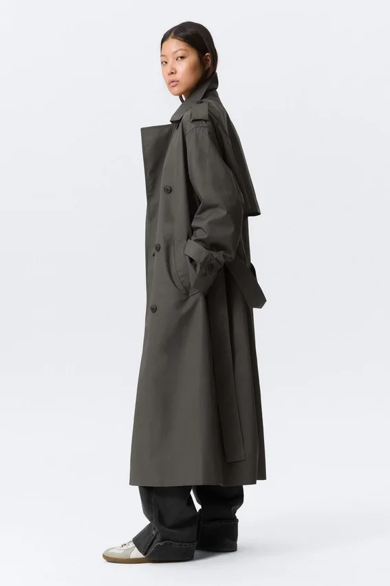 Übergroßer zweireihiger Trenchcoat aus Canvas – Dunkelgrau Übergroßer zweireihiger Trenchcoat aus Canvas – Dunkelgrau