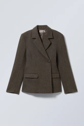 Blazer aus Wollmischung mit Fischgrätenmuster – Braun/Grau