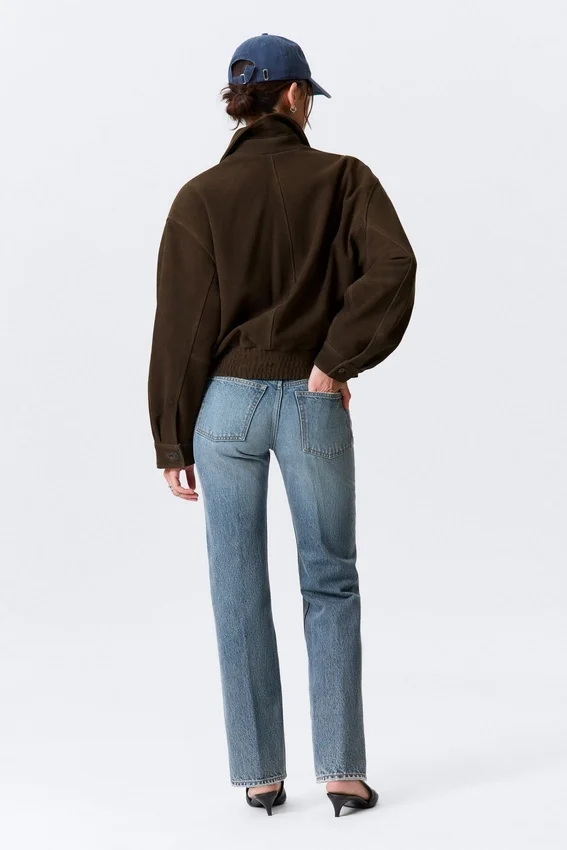 Boxy-Jacke aus Wildleder mit Reißverschluss – Dunkelbraun Boxy-Jacke aus Wildleder mit Reißverschluss – Dunkelbraun