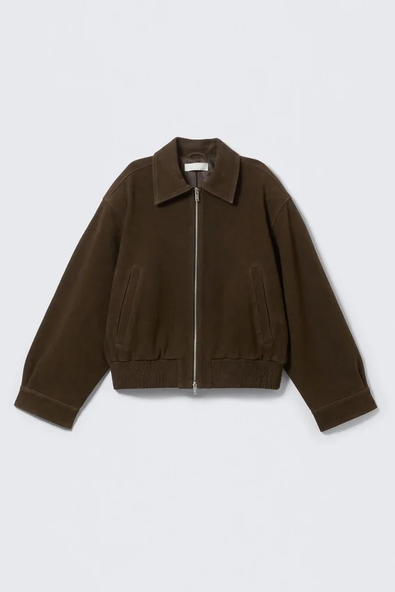 Boxy-Jacke aus Wildleder mit Reißverschluss – Dunkelbraun Boxy-Jacke aus Wildleder mit Reißverschluss – Dunkelbraun