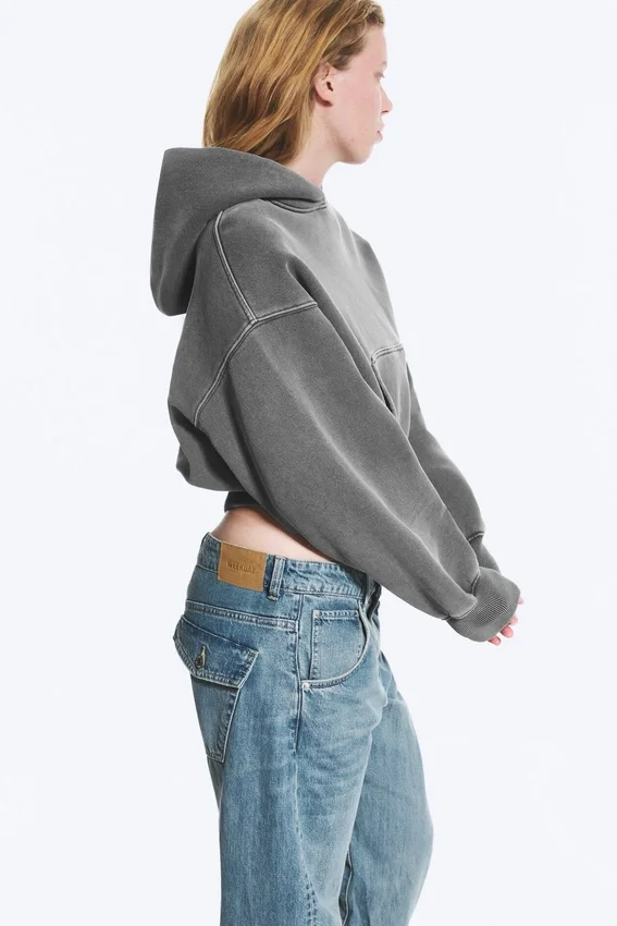 Boxy-Kapuzenpullover aus Baumwollfleece – gewaschen, dunkelgrau Boxy-Kapuzenpullover aus Baumwollfleece – gewaschen, dunkelgrau