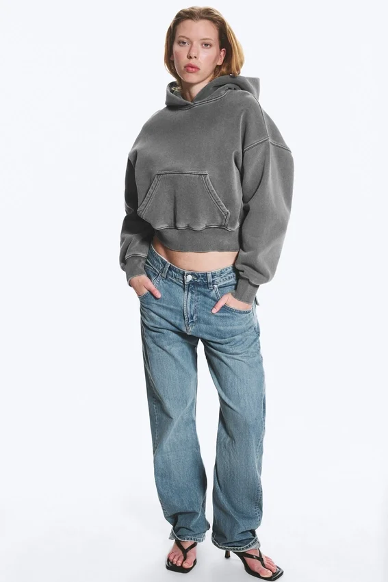 Boxy-Kapuzenpullover aus Baumwollfleece – gewaschen, dunkelgrau Boxy-Kapuzenpullover aus Baumwollfleece – gewaschen, dunkelgrau