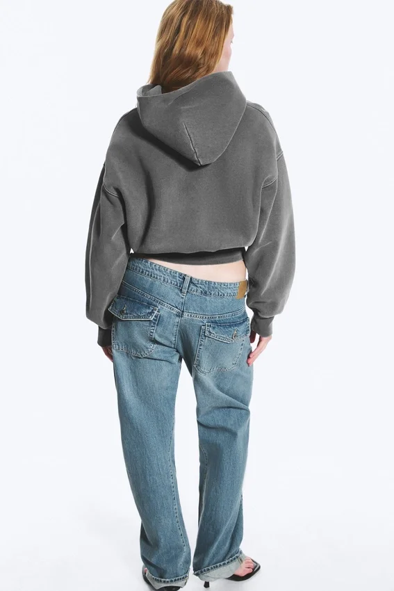 Boxy-Kapuzenpullover aus Baumwollfleece – gewaschen, dunkelgrau Boxy-Kapuzenpullover aus Baumwollfleece – gewaschen, dunkelgrau