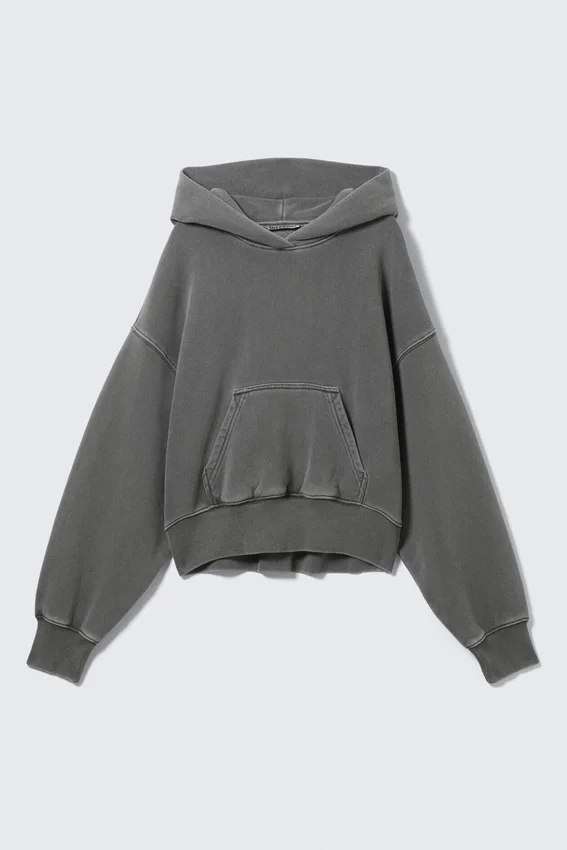 Boxy-Kapuzenpullover aus Baumwollfleece – gewaschen, dunkelgrau Boxy-Kapuzenpullover aus Baumwollfleece – gewaschen, dunkelgrau