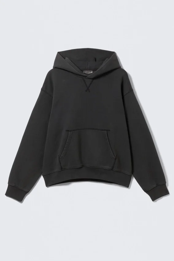 Boxy-Kapuzenpullover aus Baumwollfleece – gewaschenes Schwarz Boxy-Kapuzenpullover aus Baumwollfleece – gewaschenes Schwarz