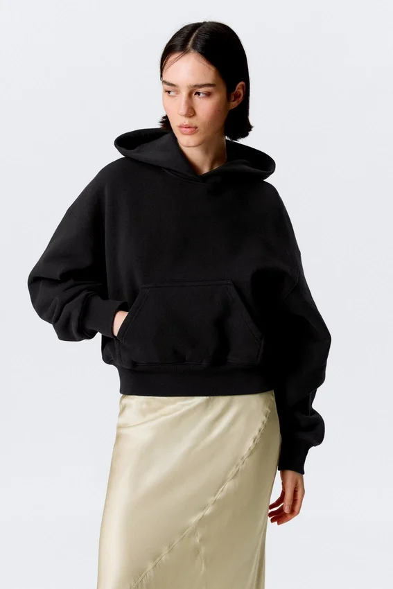 Boxy-Kapuzenpullover aus Baumwollfleece – Schwarz Boxy-Kapuzenpullover aus Baumwollfleece – Schwarz
