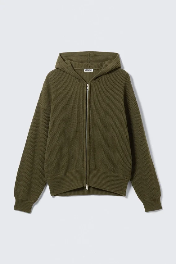Boxy-Kapuzenpullover aus Strick – Dunkelkhaki Boxy-Kapuzenpullover aus Strick – Dunkelkhaki