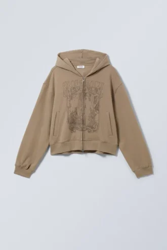 Boxy-Kapuzenpullover mit Reißverschluss und Aufdruck – Dunkelbeige