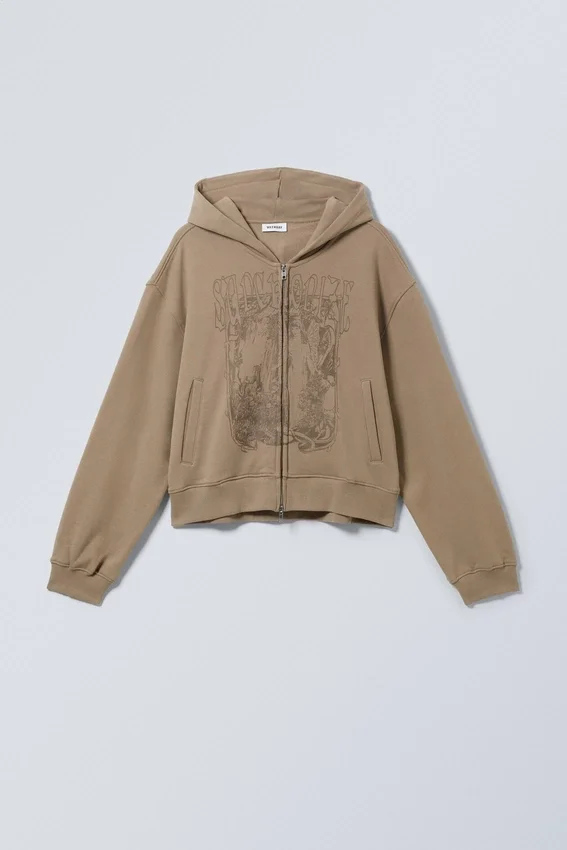 Boxy-Kapuzenpullover mit Reißverschluss und Aufdruck – Dunkelbeige Boxy-Kapuzenpullover mit Reißverschluss und Aufdruck – Dunkelbeige