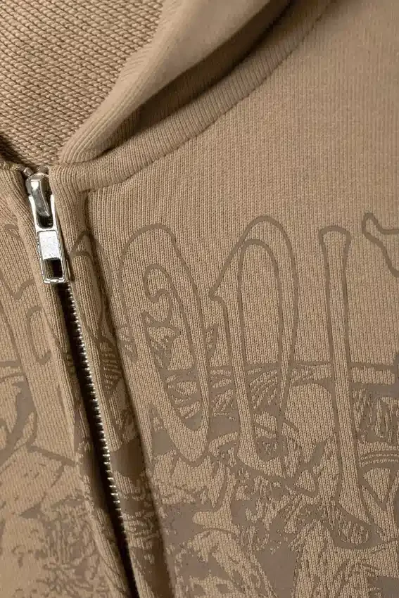 Boxy-Kapuzenpullover mit Reißverschluss und Aufdruck – Dunkelbeige Boxy-Kapuzenpullover mit Reißverschluss und Aufdruck – Dunkelbeige