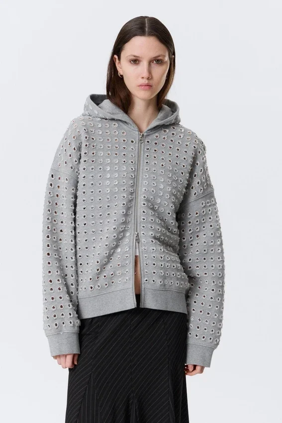 Boxy-Kapuzenpullover mit Reißverschluss und Lasercut – Grau meliert Boxy-Kapuzenpullover mit Reißverschluss und Lasercut – Grau meliert