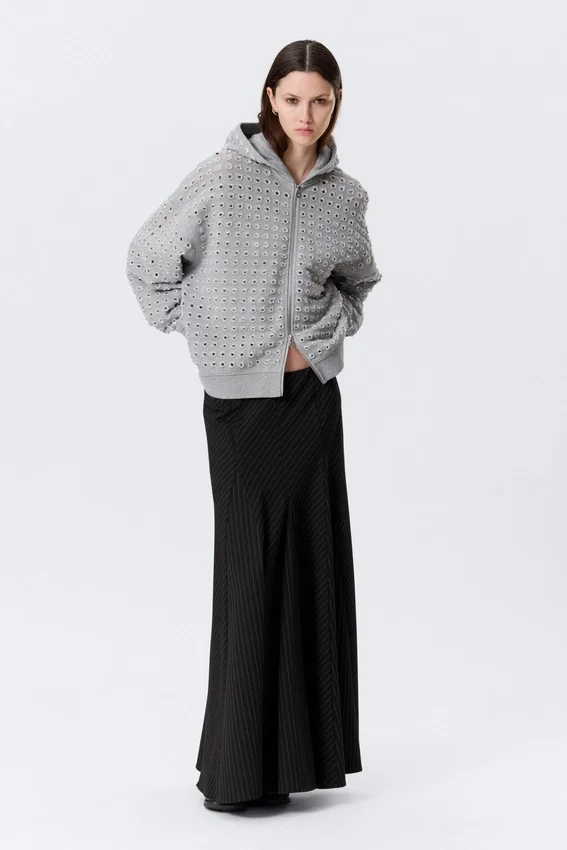 Boxy-Kapuzenpullover mit Reißverschluss und Lasercut – Grau meliert Boxy-Kapuzenpullover mit Reißverschluss und Lasercut – Grau meliert