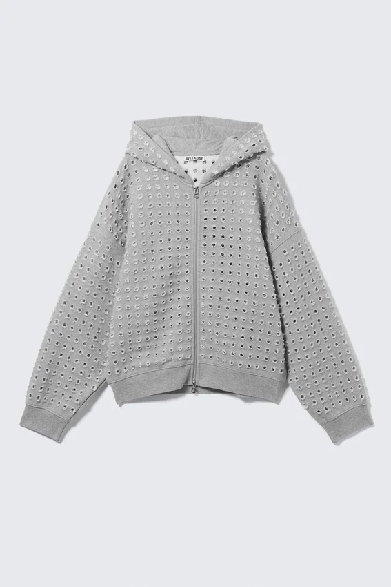 Boxy-Kapuzenpullover mit Reißverschluss und Lasercut – Grau meliert Boxy-Kapuzenpullover mit Reißverschluss und Lasercut – Grau meliert