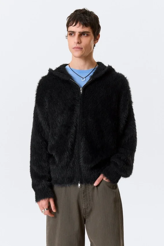 Boxy Knitted Hairy Zip Kapuzenpullover – Schwarz Boxy Knitted Hairy Zip Kapuzenpullover – Schwarz