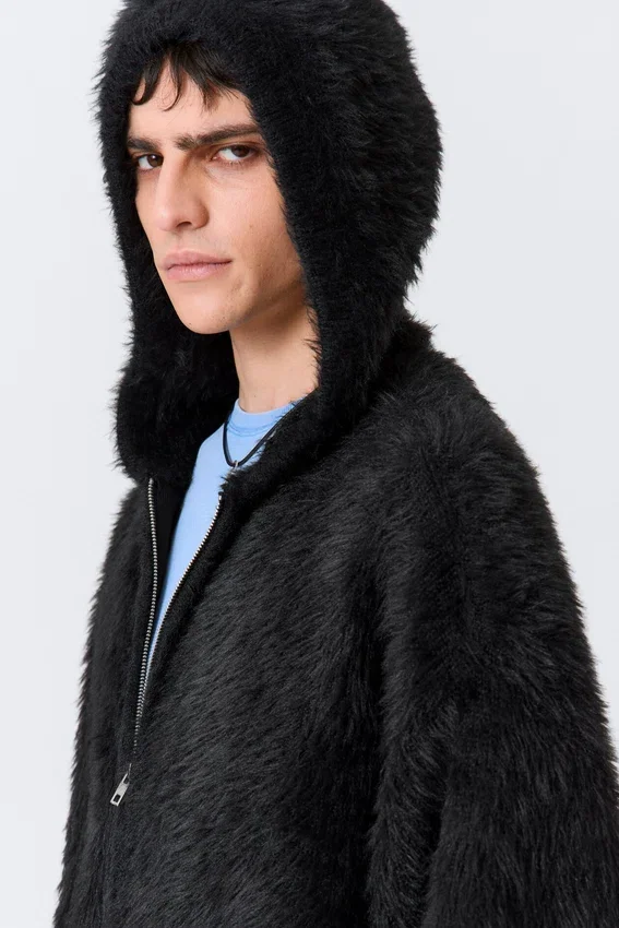 Boxy Knitted Hairy Zip Kapuzenpullover – Schwarz Boxy Knitted Hairy Zip Kapuzenpullover – Schwarz