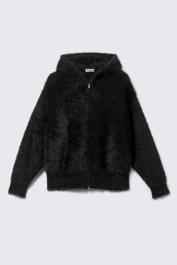 Boxy Knitted Hairy Zip Kapuzenpullover – Schwarz Boxy Knitted Hairy Zip Kapuzenpullover – Schwarz