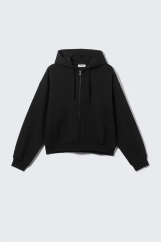 Boxy Midweight Zip Kapuzenpullover – Schwarz