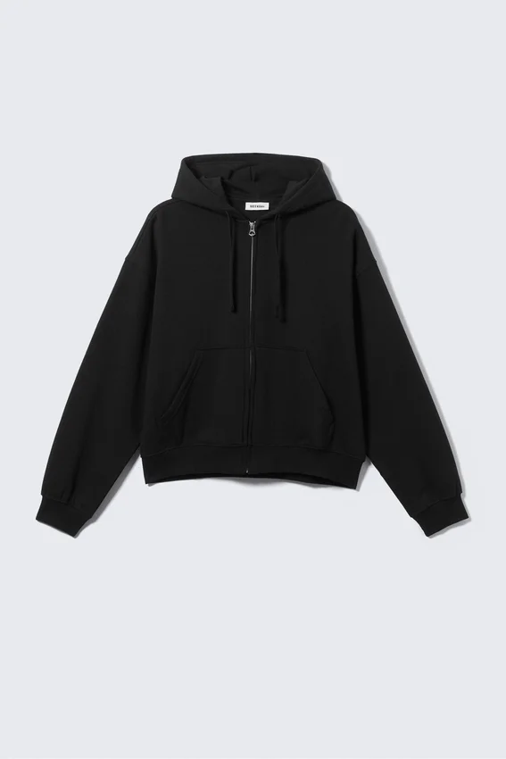 Boxy Midweight Zip Kapuzenpullover – Schwarz Boxy Midweight Zip Kapuzenpullover – Schwarz