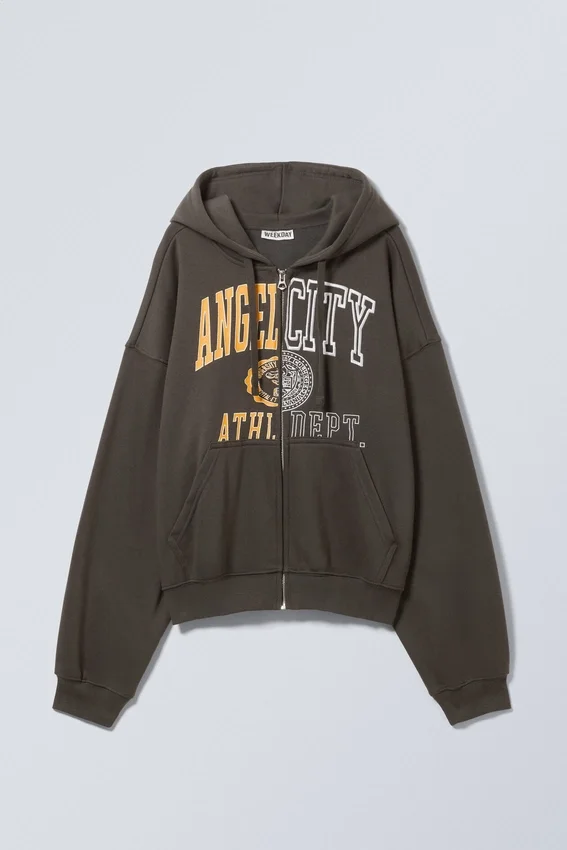 Boxy Mit Print Zip Kapuzenpullover – Dunkelgrau – Angel City Boxy Mit Print Zip Kapuzenpullover – Dunkelgrau – Angel City