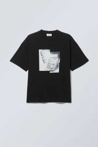 Boxy T-Shirt mit Print – Schwarz – Sparkle Faces
