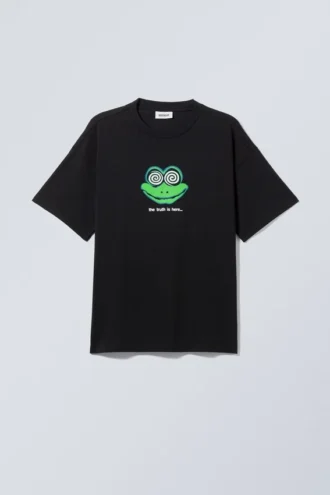 Boxy T-Shirt mit Print – Schwarz – The Frog is Here