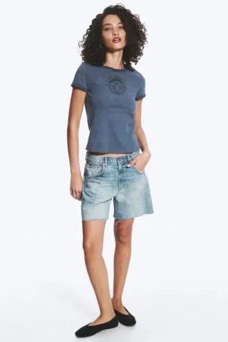 Boxy-T-Shirt mit Print und kurzen Ärmeln – Dunkelblau – Brezeln