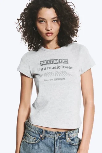 Boxy-T-Shirt mit Print und kurzen Ärmeln – Grau meliert Boxy-T-Shirt mit Print und kurzen Ärmeln – Grau meliert