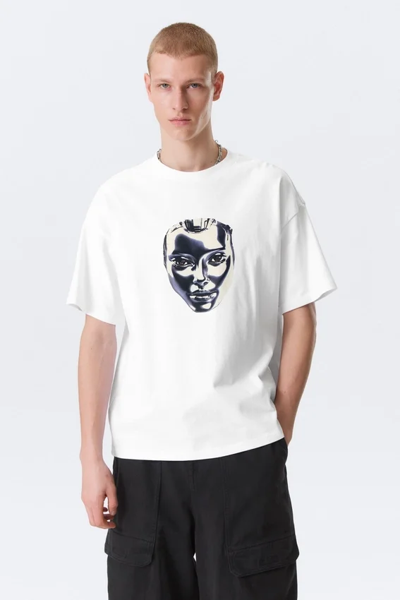 Boxy T-Shirt mit Print – Weiß – Robo Silver Face Boxy T-Shirt mit Print – Weiß – Robo Silver Face