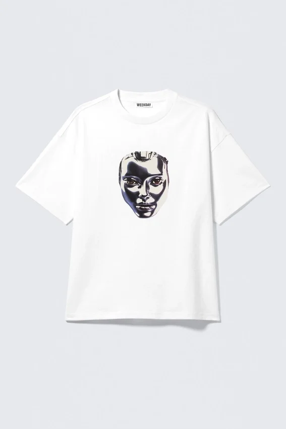 Boxy T-Shirt mit Print – Weiß – Robo Silver Face Boxy T-Shirt mit Print – Weiß – Robo Silver Face