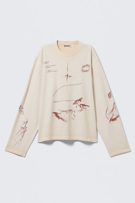 Boxy-Top mit Langarm und Print – Hellbeige – Street-Print Boxy-Top mit Langarm und Print – Hellbeige – Street-Print