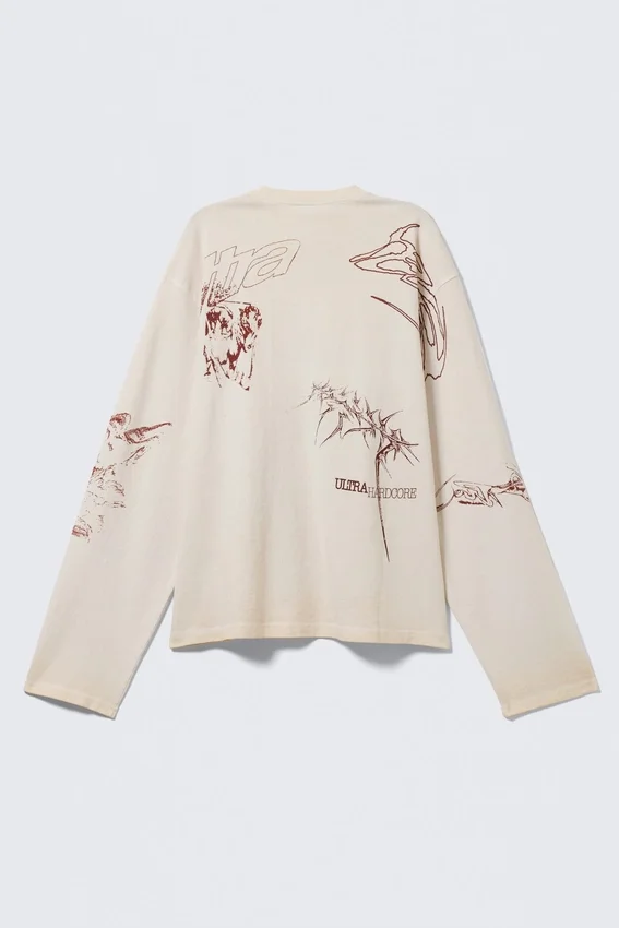 Boxy-Top mit Langarm und Print – Hellbeige – Street-Print Boxy-Top mit Langarm und Print – Hellbeige – Street-Print