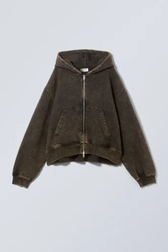 Boxy Washed Zip Kapuzenpullover – Washed Brown