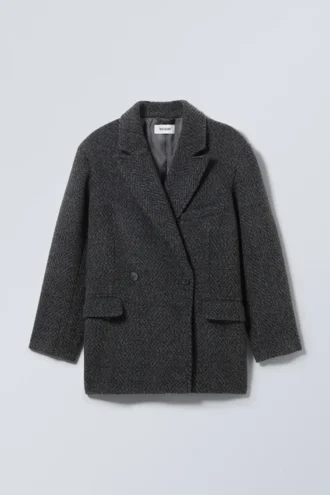 Carla Oversized-Jacke aus Wollmischung – Graues Fischgrätenmuster