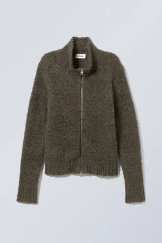 Carla Zip Hairy Strickjacke – Dunkelkhaki