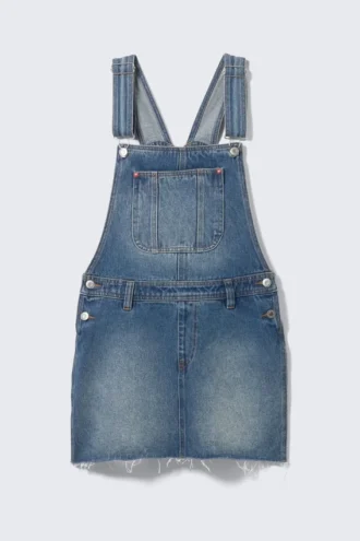 Denim-Latzhosen-Mini-Kleid – Sunset Blue – Mittelblau