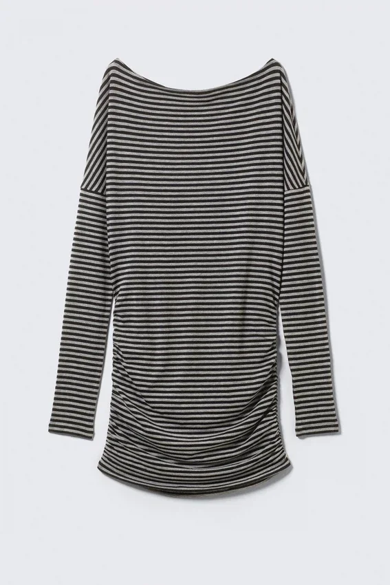 Drapiertes, asymmetrisches Minikleid mit langen Ärmeln – schwarz-grau gestreift Drapiertes, asymmetrisches Minikleid mit langen Ärmeln – schwarz-grau gestreift