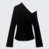 Drapiertes, asymmetrisches Oberteil aus Samt-Mesh – Schwarz Drapiertes, asymmetrisches Oberteil aus Samt-Mesh – Schwarz