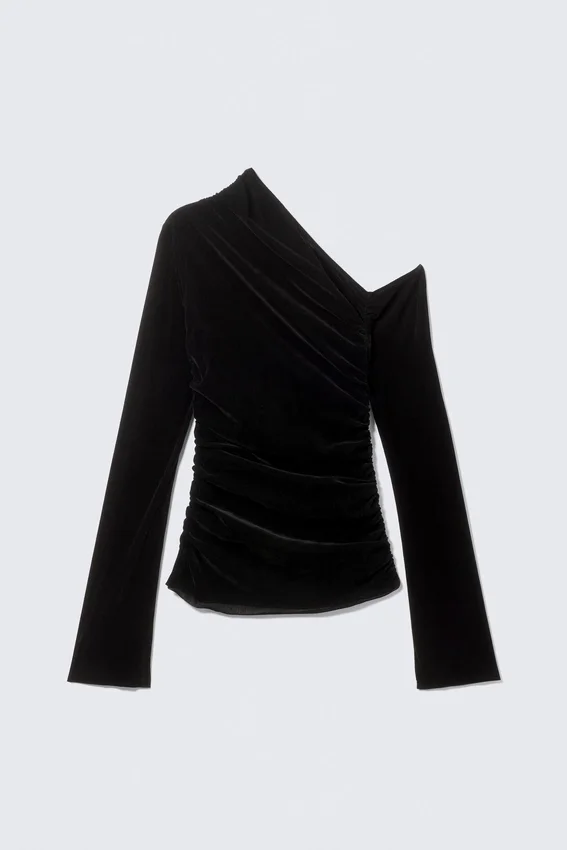 Drapiertes, asymmetrisches Oberteil aus Samt-Mesh – Schwarz Drapiertes, asymmetrisches Oberteil aus Samt-Mesh – Schwarz