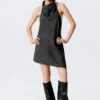 Drapiertes Midi-Kleid mit Neckholder-Ausschnitt und drapiertem Kragen – gestreift, dunkelgrau Drapiertes Midi-Kleid mit Neckholder-Ausschnitt und drapiertem Kragen – gestreift, dunkelgrau