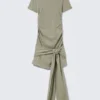Drapiertes Minikleid mit Bindeband vorne – Khaki-Grün Drapiertes Minikleid mit Bindeband vorne – Khaki-Grün