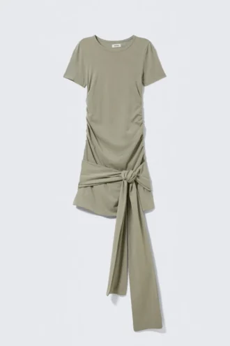 Drapiertes Minikleid mit Bindeband vorne – Khaki-Grün