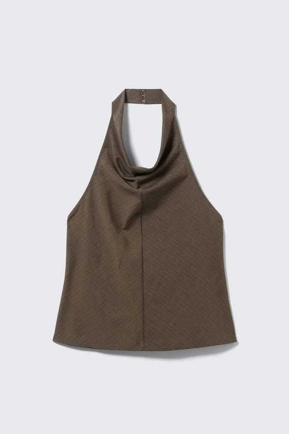 Drapiertes Neckholder-Top mit Wasserfallausschnitt – Braun gestreift Drapiertes Neckholder-Top mit Wasserfallausschnitt – Braun gestreift