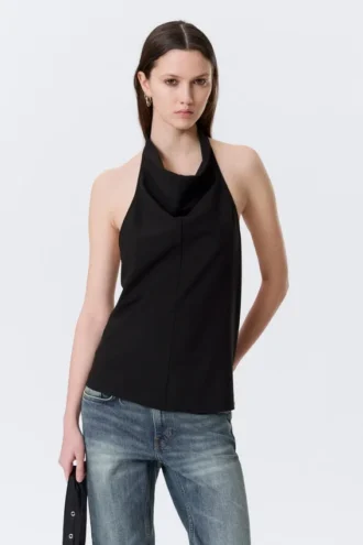 Drapiertes Neckholder-Top mit Wasserfallausschnitt – Schwarz
