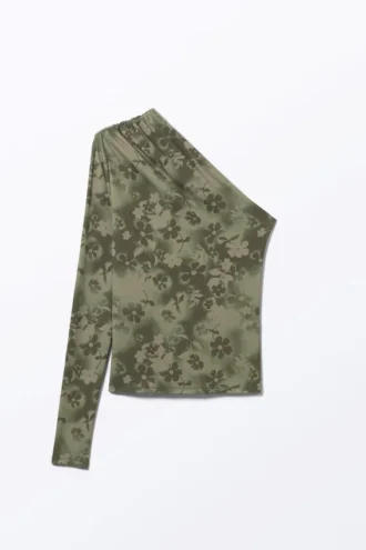 Drapiertes One-Shoulder-Top aus Nylon – Khaki-Grün – Sprühblumen