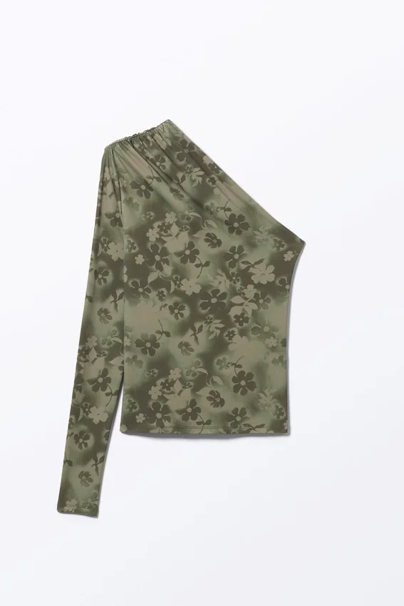 Drapiertes One-Shoulder-Top aus Nylon – Khaki-Grün – Sprühblumen Drapiertes One-Shoulder-Top aus Nylon – Khaki-Grün – Sprühblumen