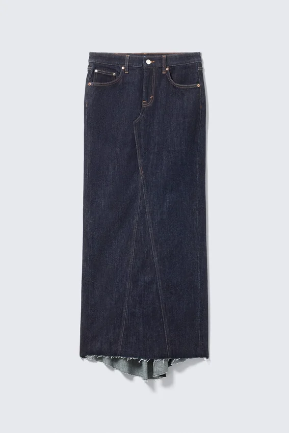 Eng anliegender Denim-Maxirock mit niedriger Leibhöhe – Blue Rinse – Dunkelblau Eng anliegender Denim-Maxirock mit niedriger Leibhöhe – Blue Rinse – Dunkelblau