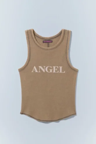 Eng anliegendes bedrucktes Mini-Tanktop – Hellstaubbraun | Cheap Monday Gb