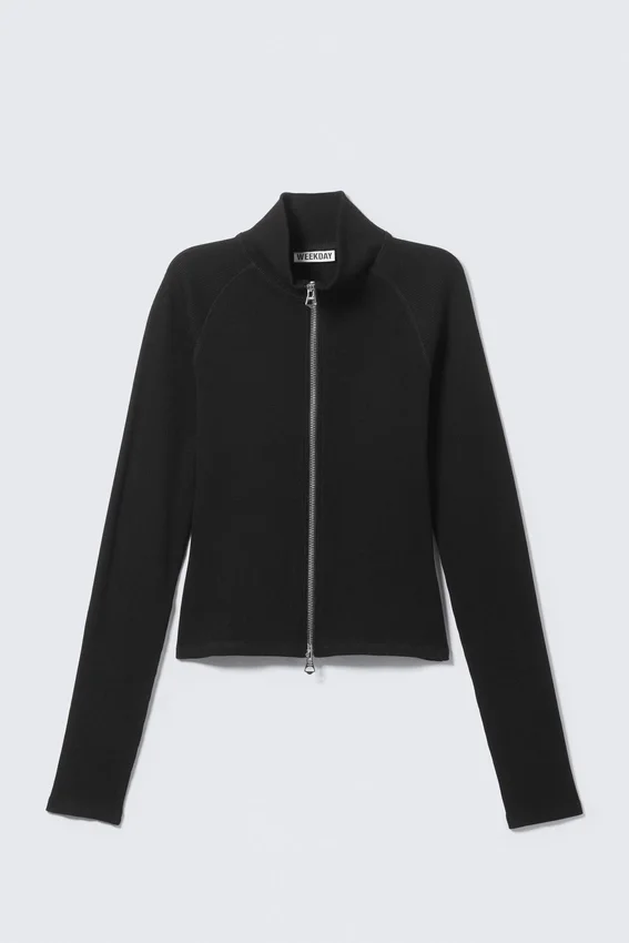 Figurbetontes Langarmshirt mit Stehkragen und Reißverschluss – Schwarz Figurbetontes Langarmshirt mit Stehkragen und Reißverschluss – Schwarz