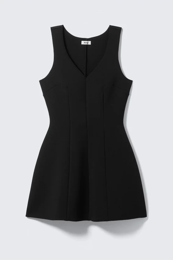 Fit-and-Flare-Kleid aus Scuba-Stoff mit V-Ausschnitt – Schwarz Fit-and-Flare-Kleid aus Scuba-Stoff mit V-Ausschnitt – Schwarz