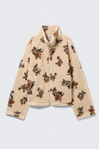 Fleecejacke mit Reißverschluss – Beige – Brauner Blumenprint
